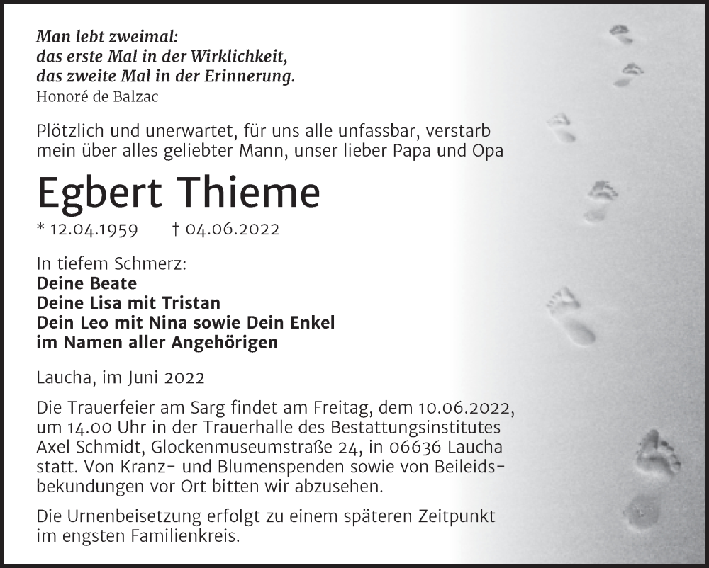  Traueranzeige für Egbert Thieme vom 08.06.2022 aus Naumburger Tageblatt