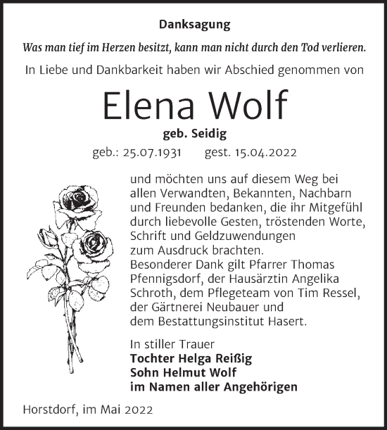 Traueranzeige von Elena Wolf von Trauerkombi Wittenberg