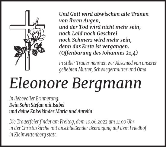 Traueranzeige von Eleonore Bergmann von Trauerkombi Wittenberg