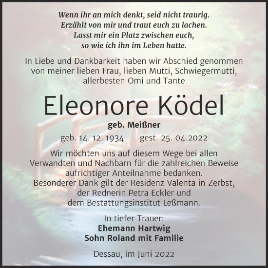 Traueranzeige von Eleonore Ködel von Trauerkombi Dessau
