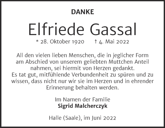 Traueranzeige von Elfriede Gassal von Mitteldeutsche Zeitung Halle/Saalkreis