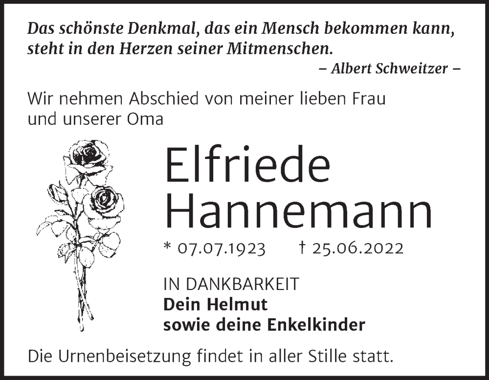  Traueranzeige für Elfriede Hannemann vom 30.06.2022 aus Trauerkombi Wittenberg