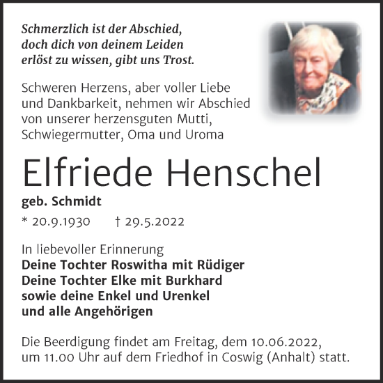 Traueranzeige von Elfriede Henschel von Trauerkombi Wittenberg