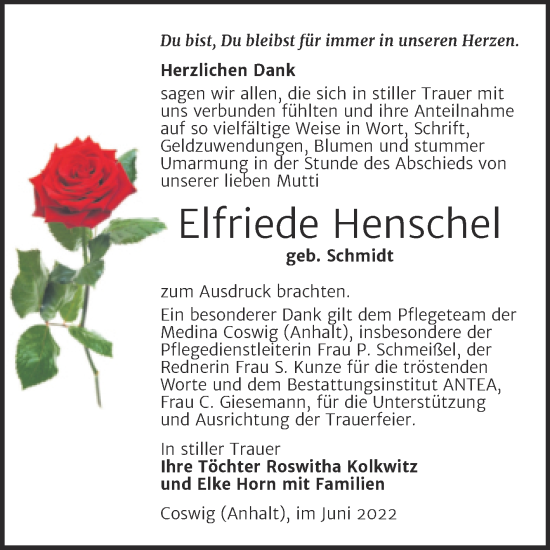 Traueranzeige von Elfriede Henschel von Trauerkombi Wittenberg
