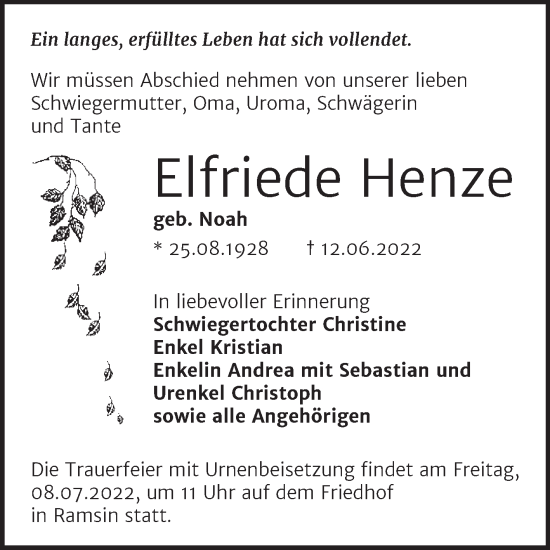 Traueranzeige von Elfriede Henze von Trauerkombi Bitterfeld