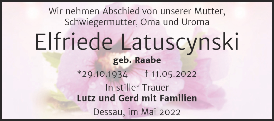 Traueranzeige von Elfriede Latuscynski von Trauerkombi Dessau
