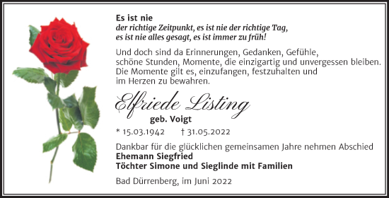 Traueranzeige von Elfriede Listing von Trauerkombi Merseburg
