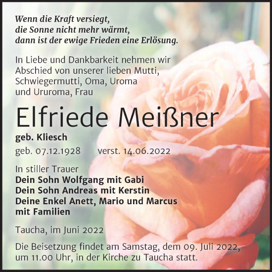 Traueranzeige von Elfriede Meißner von Trauerkombi Weißenfels