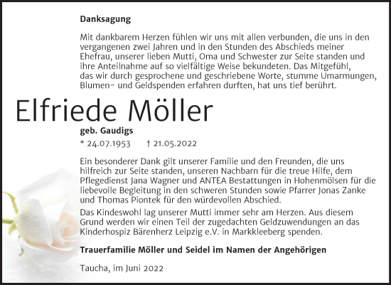 Traueranzeige von Elfriede Möller von Trauerkombi Weißenfels