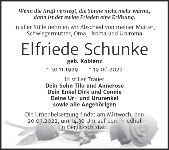 Traueranzeige von Elfriede Schunke von Trauerkombi Weißenfels