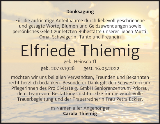 Traueranzeige von Elfriede Thiemig von Trauerkombi Dessau