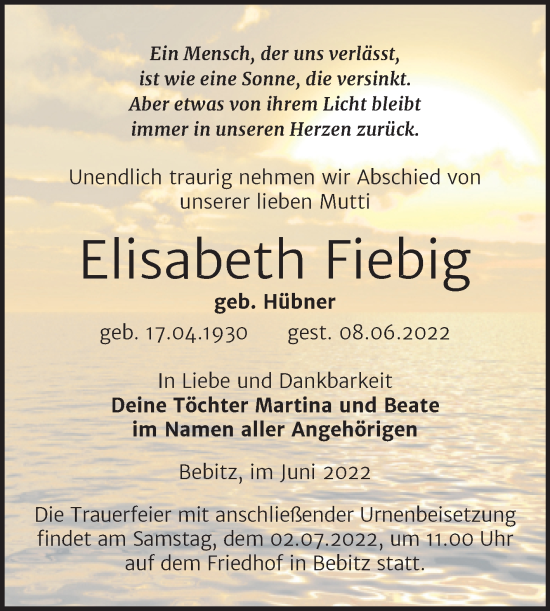 Traueranzeige von Elisabeth Fiebig von Trauerkombi Bernburg