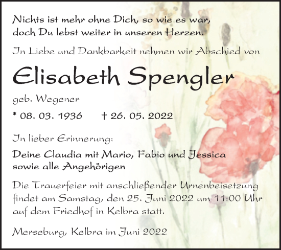 Traueranzeige von Elisabeth Spengler von Trauerkombi Sangerhausen