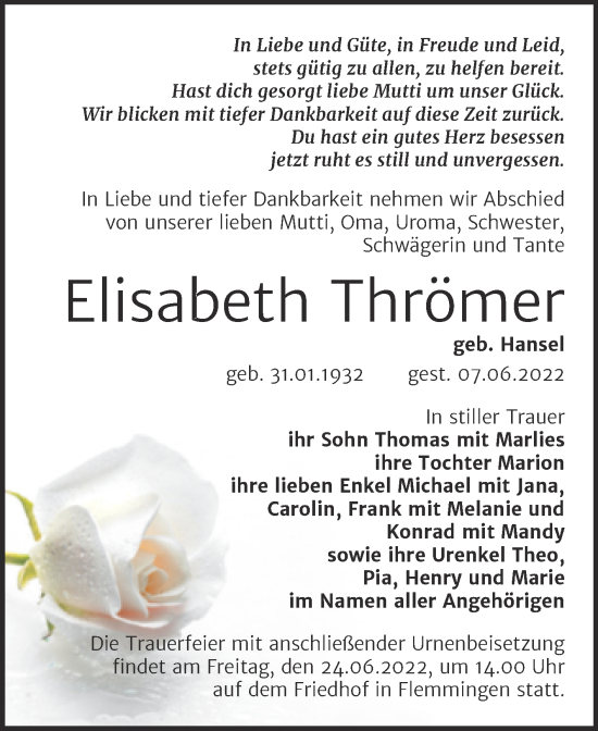 Traueranzeige von Elisabeth Thrömer von Naumburger Tageblatt