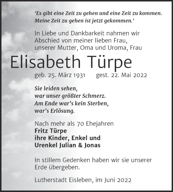 Traueranzeige von Elisabeth Türpe von Trauerkombi Mansfelder Land