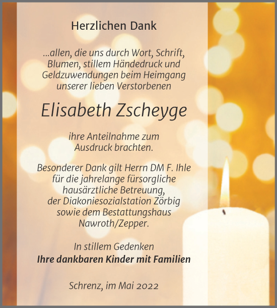 Traueranzeige von Elisabeth Zscheyge von Trauerkombi Bitterfeld