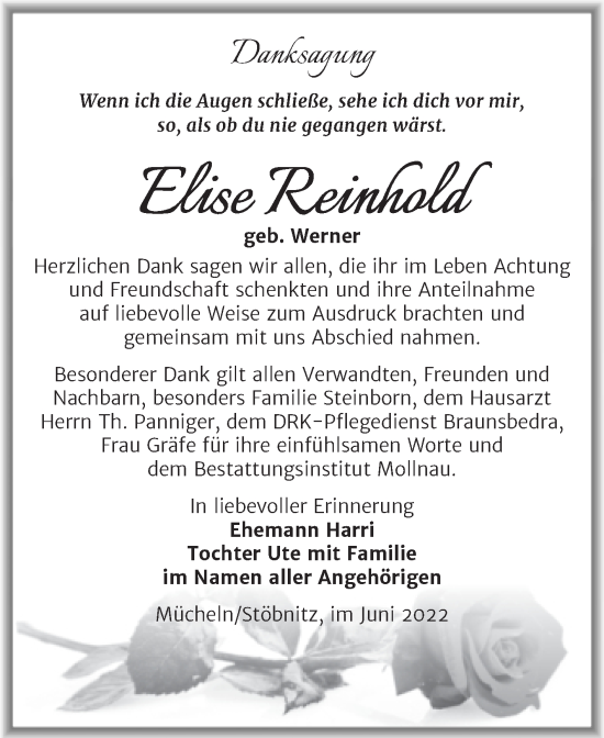 Traueranzeige von Elise Reinhold von Trauerkombi Merseburg