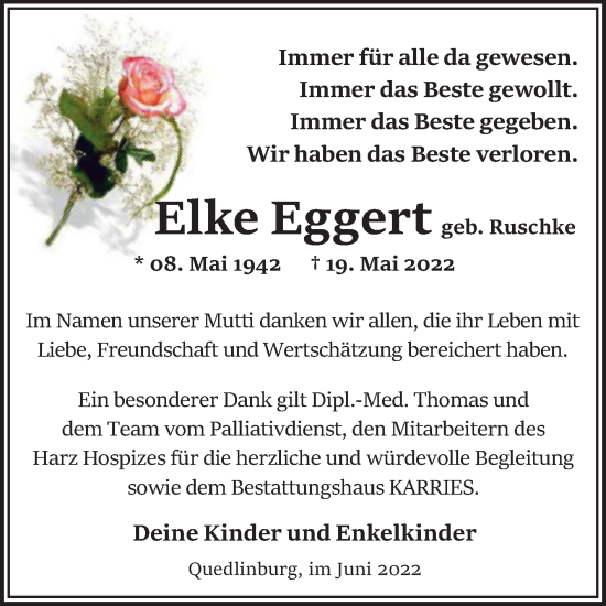 Traueranzeige von Elke Eggert von Trauerkombi Quedlinburg