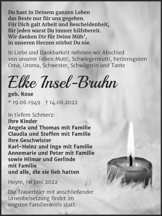 Traueranzeige von Elke Insel-Bruhn von Trauerkombi Aschersleben