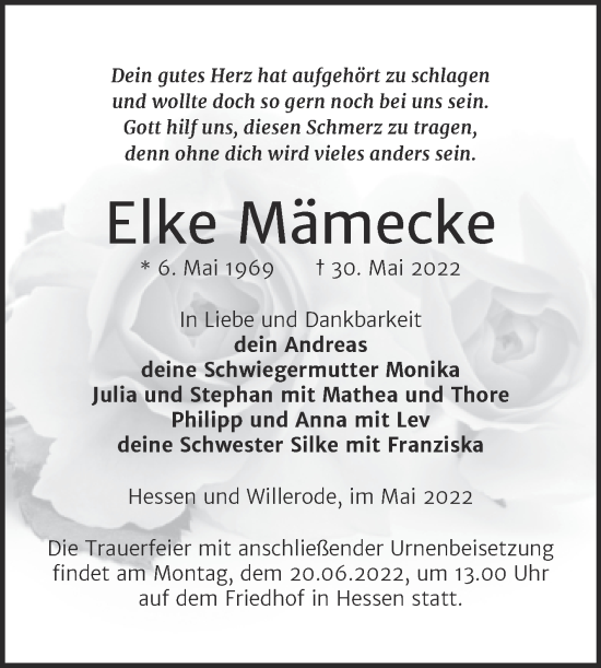 Traueranzeige von Elke Mämecke von Trauerkombi Mansfelder Land