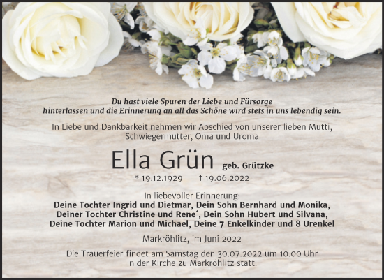 Traueranzeige von Ella Grün von Trauerkombi Weißenfels
