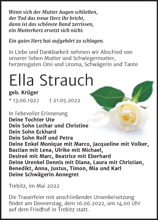Traueranzeige von Ella Strauch von Trauerkombi Wittenberg