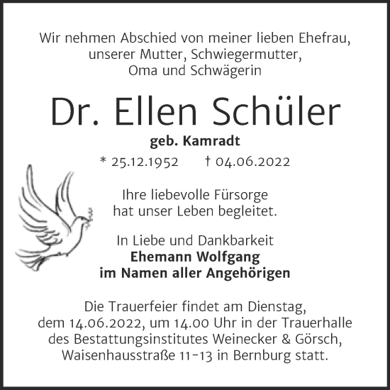 Traueranzeige von Ellen Schüler von Trauerkombi Bernburg