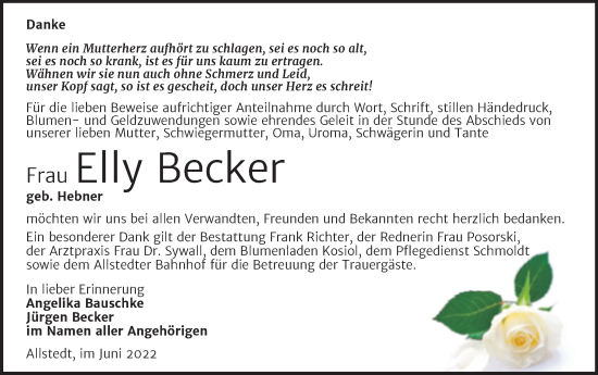 Traueranzeige von Elly Becker von Trauerkombi Sangerhausen