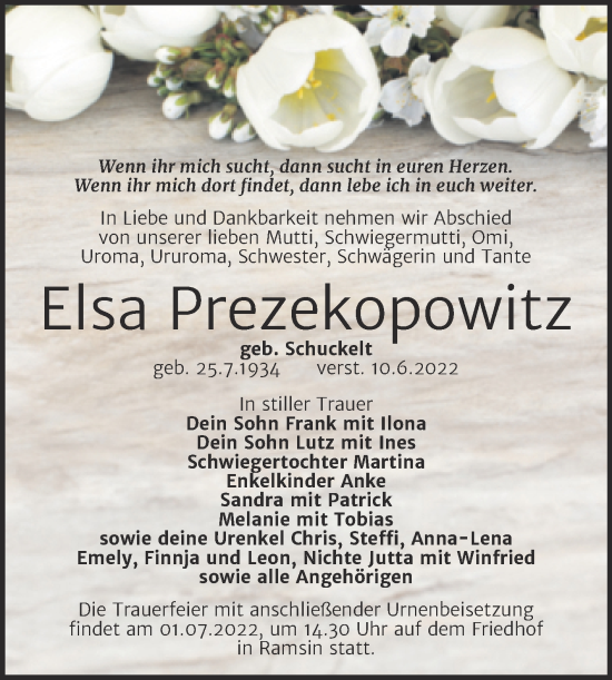 Traueranzeige von Elsa Prezekopowitz von Trauerkombi Bitterfeld