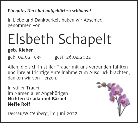 Traueranzeige von Elsbeth Schapelt von Trauerkombi Dessau