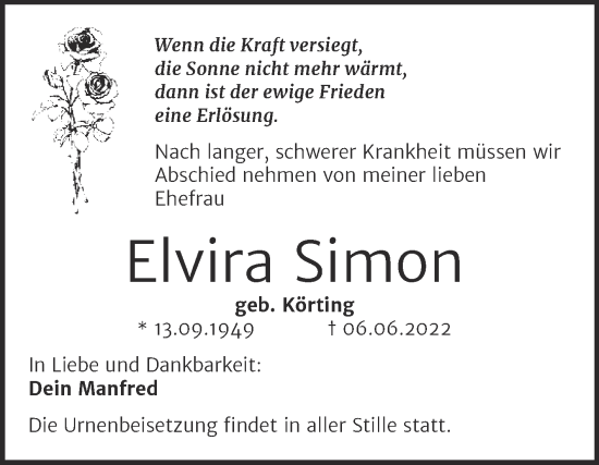 Traueranzeige von Elvira Simon von Trauerkombi Dessau