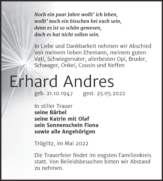 Traueranzeige von Erhard Andres von Trauerkombi Zeitz