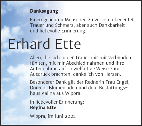 Traueranzeige von Erhard Ette von Mitteldeutsche Zeitung Mansfelder Land