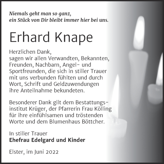 Traueranzeige von Erhard Knape von Trauerkombi Wittenberg