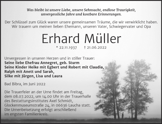 Traueranzeige von Erhard Müller von Wochenspiegel Naumburg/Nebra
