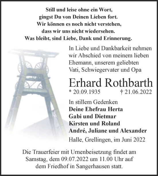 Traueranzeige von Erhard Rothbarth von Trauerkombi Sangerhausen