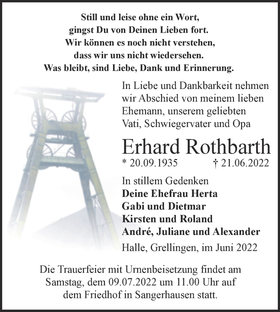  Traueranzeige für Erhard Rothbarth vom 25.06.2022 aus Trauerkombi Sangerhausen
