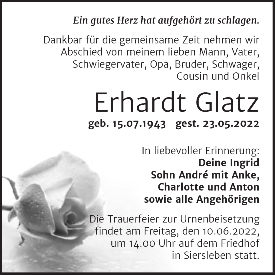 Traueranzeige von Erhardt Glatz von Trauerkombi Mansfelder Land