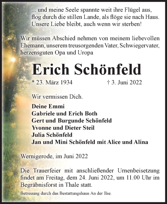 Traueranzeige von Erich Schönfeld von Super Sonntag Quedlingburg