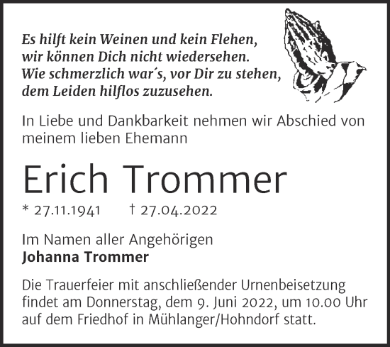Traueranzeige von Erich Trommer von Trauerkombi Wittenberg
