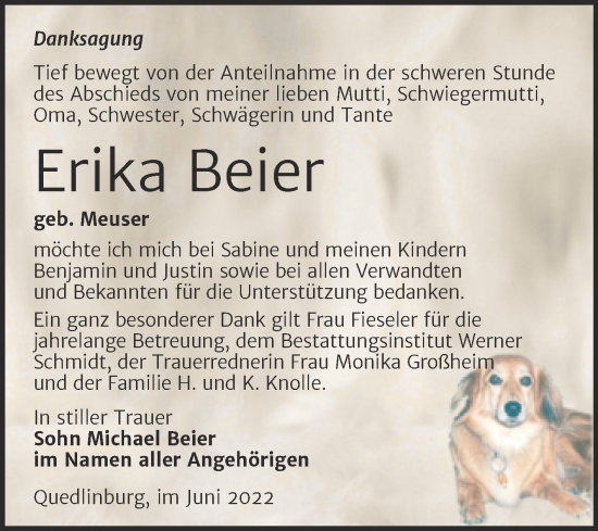Traueranzeige von Erika Beier von Trauerkombi Quedlinburg