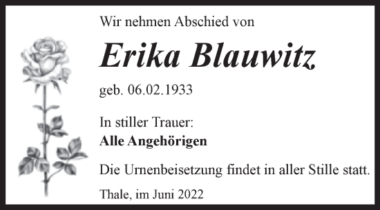 Traueranzeige von Erika Blauwitz von Trauerkombi Quedlinburg