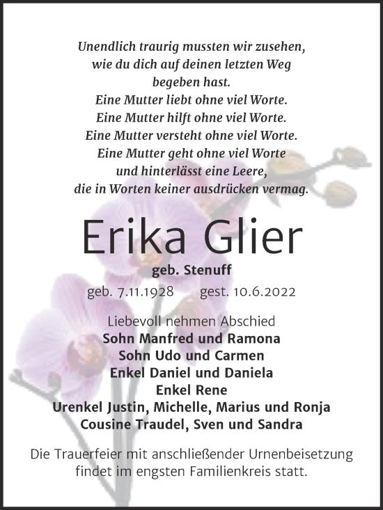 Traueranzeige von Erika Glier von Trauerkombi Wittenberg