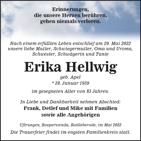 Traueranzeige von Erika Hellwig von Trauerkombi Sangerhausen