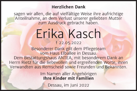Traueranzeige von Erika Kasch von Trauerkombi Dessau