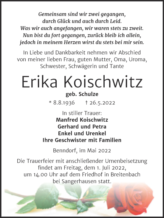 Traueranzeige von Erika Koischwitz von Trauerkombi Mansfelder Land