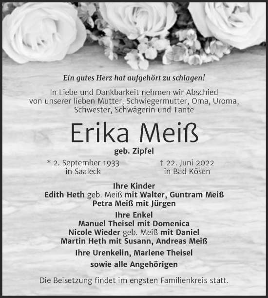 Traueranzeige von Erika Meiß von Naumburger Tageblatt