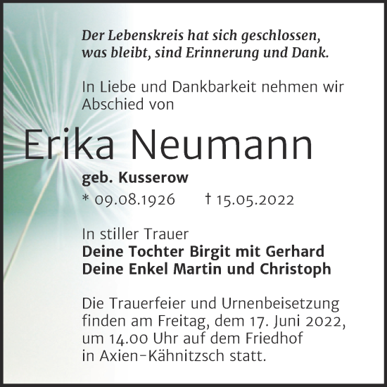 Traueranzeige von Erika Neumann von Trauerkombi Wittenberg