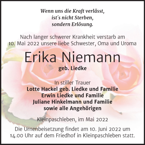 Traueranzeige von Erika Niemann von Trauerkombi Köthen