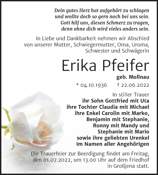 Traueranzeige von Erika Pfeifer von Wochenspiegel Naumburg/Nebra